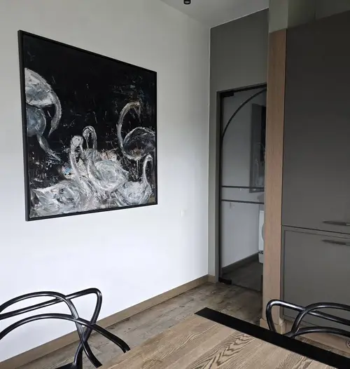 Stiklo durys, berėmė konstrukcija klijuotas juodas rėmelis metalo imitacija